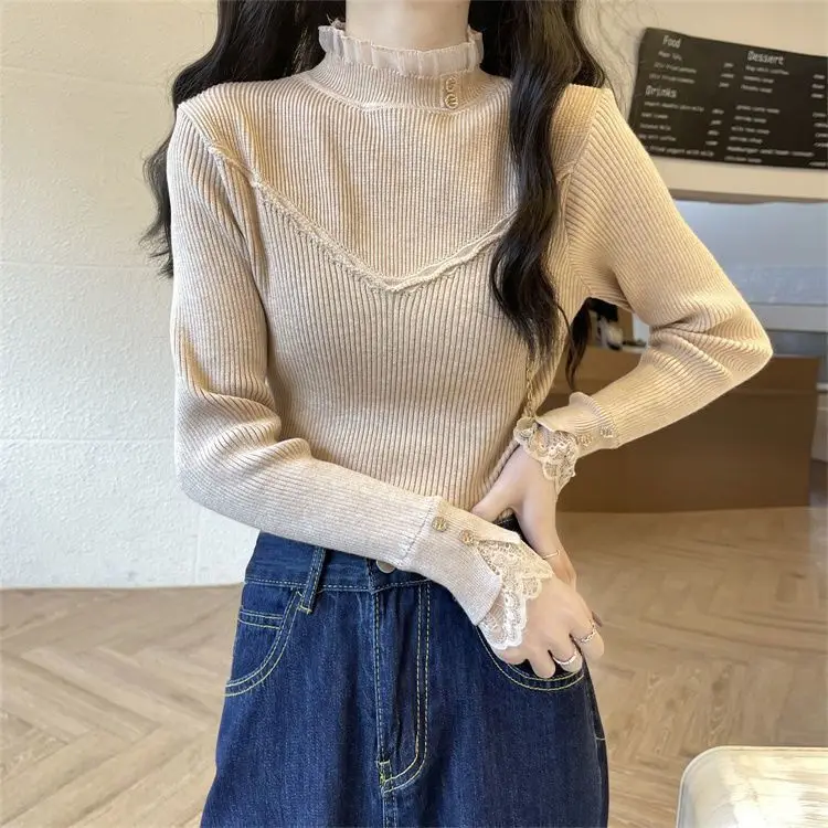 New Lace Spliced Semi High Neck Knitted Sweater for Women with Slim Fit and Inner Lining Design Featuring a Niche and Stylish