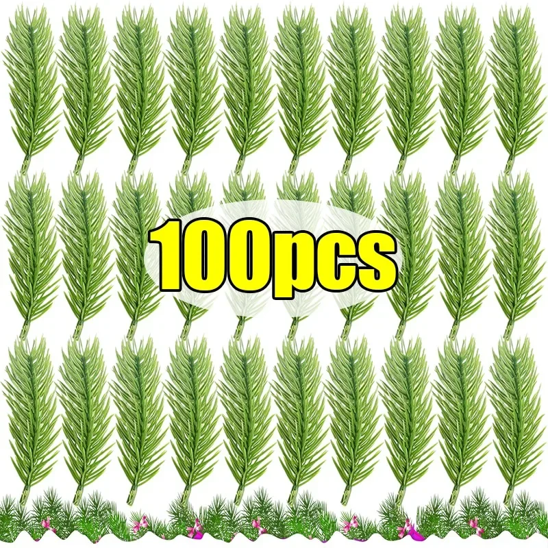 100/10 Uds Mini agujas de pino artificiales planta verde rama de pino de Navidad plantas falsas para árbol de Navidad adornos DIY decoración del hogar