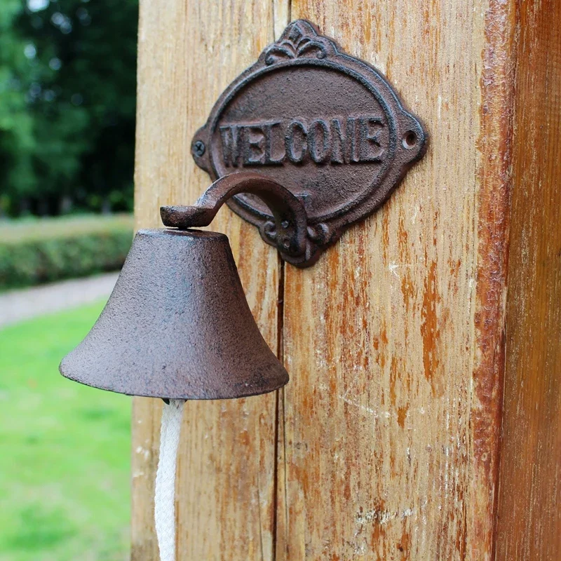 Antique Rustic Cast Iron Wall Hand Cranking Bell With Oval Welcome Signs Plaques For Home Outdoor Garden Gatedoor Decoration