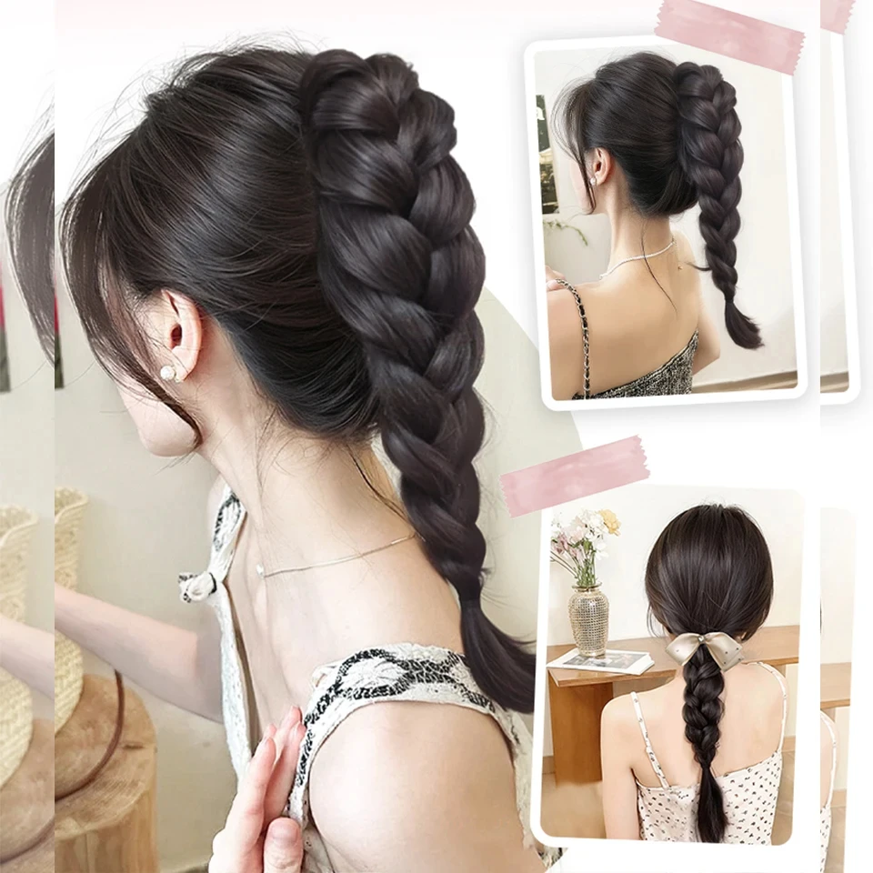 Synthetic Long Claw Clip On Bow Braid Ponytail Hair Extensions Heat Resistant Pony Tail Hair piece For Women Daily Party