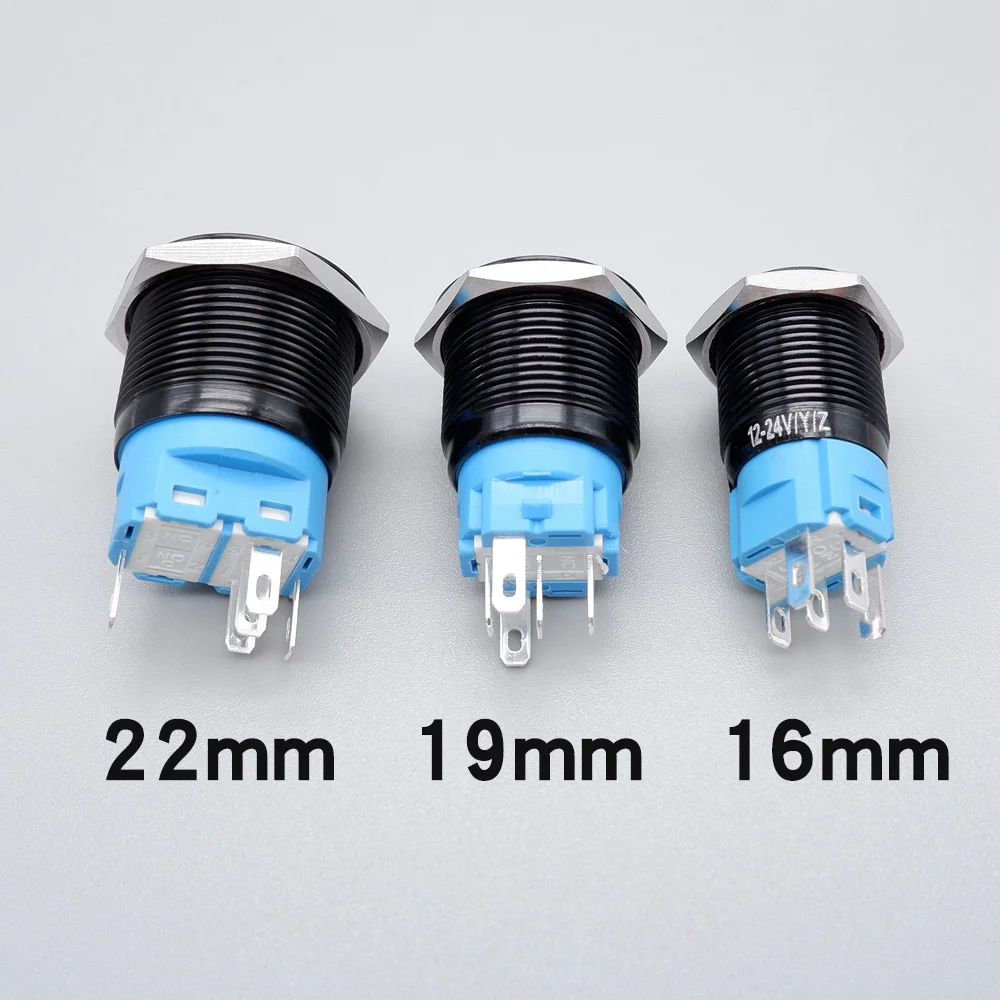 16mm 19mm 22mm Metal Illuminated Black Push Button Switch Led Light 12v 5v 220v Momentary Latching Waterproof  Power Flat Head