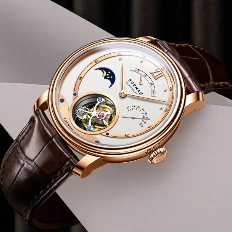 

Мужские часы BORMAN с турбийоном, 40 мм, механические наручные часы с ручным заводом, сапфировый скелет, дата, день-ночь, индикатор энергии ST8007