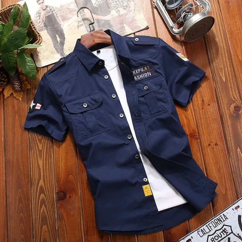 New Mens Retro Shirt Men 2021Short Sleeve Cargo Shirts Fashion Casual Summer Cotton Solid Shirt Male Pocket Work Shirt M-5XL