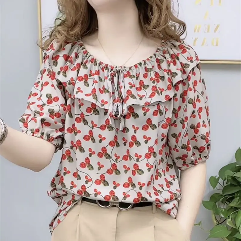 

Summer Women's Commuter Pleated Chiffon Shirt Bow Tie Short Sleeve Fashion Casual Printing Blouse Pullover Tee Shirt Tops