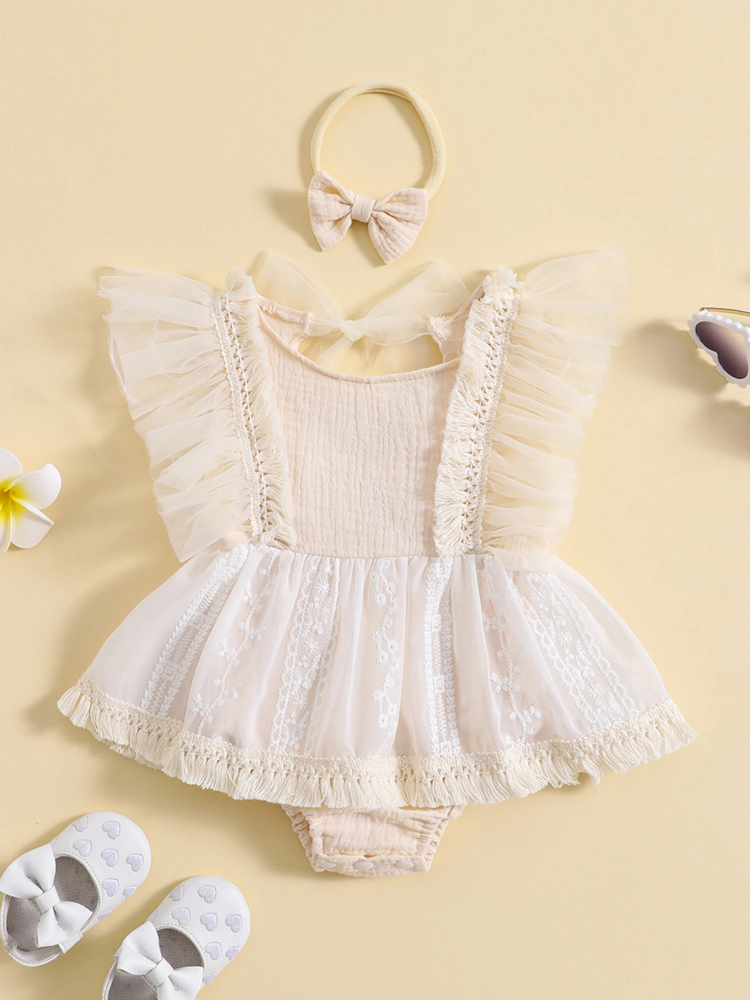 Baby Girl Lace Romper Dress Headband Boho Clothes Newborn Photography Outfits Beige 12-18 Months