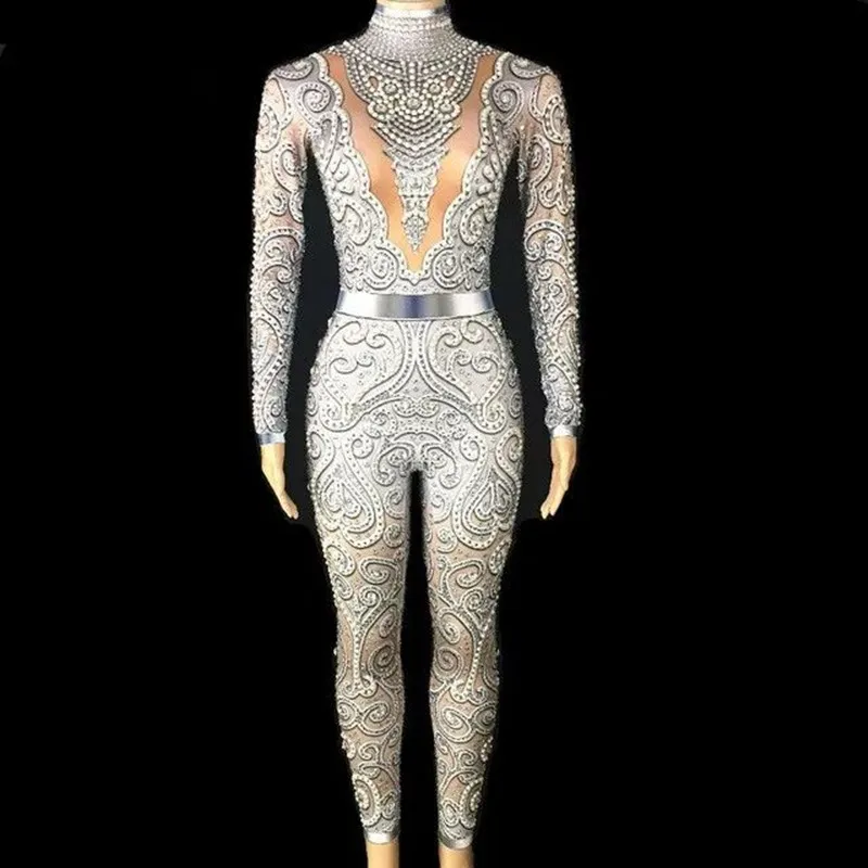 Silbergrauer Strass-Perlen-Jumpsuit Sexy Damen Sänger Bühnenkostüm Geburtstagsparty Romper Nachtclub Bar Tanzkostüm