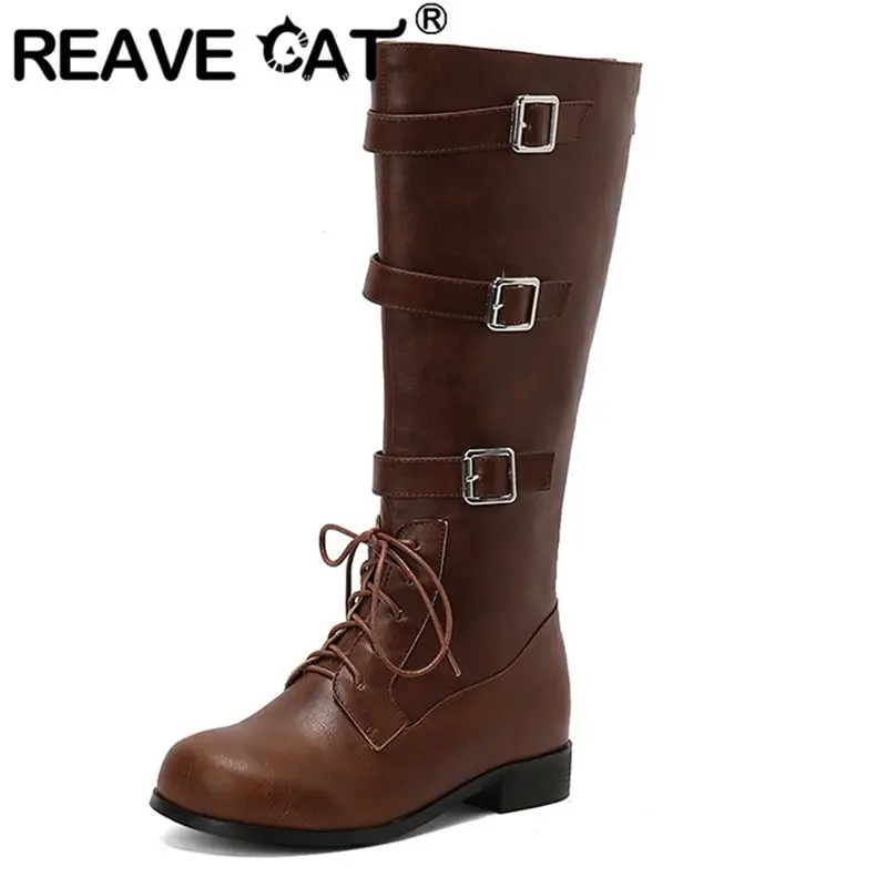 

REAVE CAT Female Knee High Boots Round Toe 3cm Thick Heels Zipper Lace Up Belt Buckles Large Size 43 44 45 Vintage Riding Bota