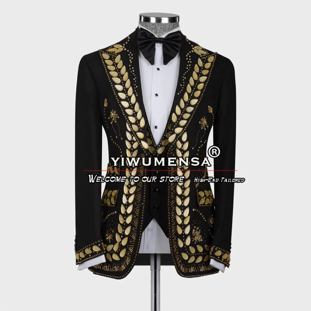 Black Wedding Suits For Men Gold Crystals Beading Jacket Vest Pants 3 Pieces Groom Prom Tuxedos Tailor-Made Man Party Clothing