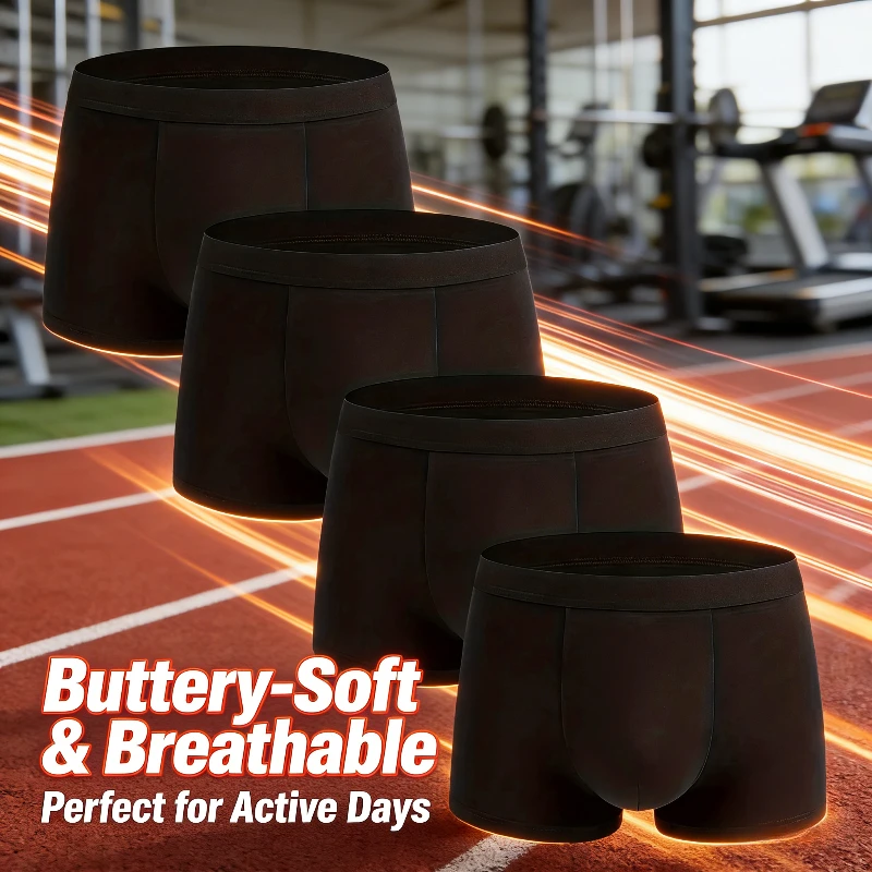 

Men's 4-Pack Solid Black Milk Silk Boxers Buttery-Soft Breathable Moisture-Wicking Daily Underwear Stretch Comfort Casual Trunks