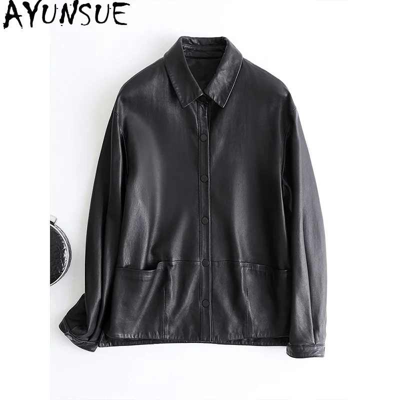 AYUNSUE Damska kurtka ze skóry naturalnej Jesienne ubrania 2025 Skóra owcza garbowana roślinnie Płaszcze Nowy styl Jaqueta De Couro Kołnierz Polo