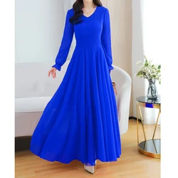 Spring Summer New Chiffon Solid Beach Skirt Long Sleeve V Neck Loose Plus Size Ladies Dresses Temperament Elegant Women Clothing