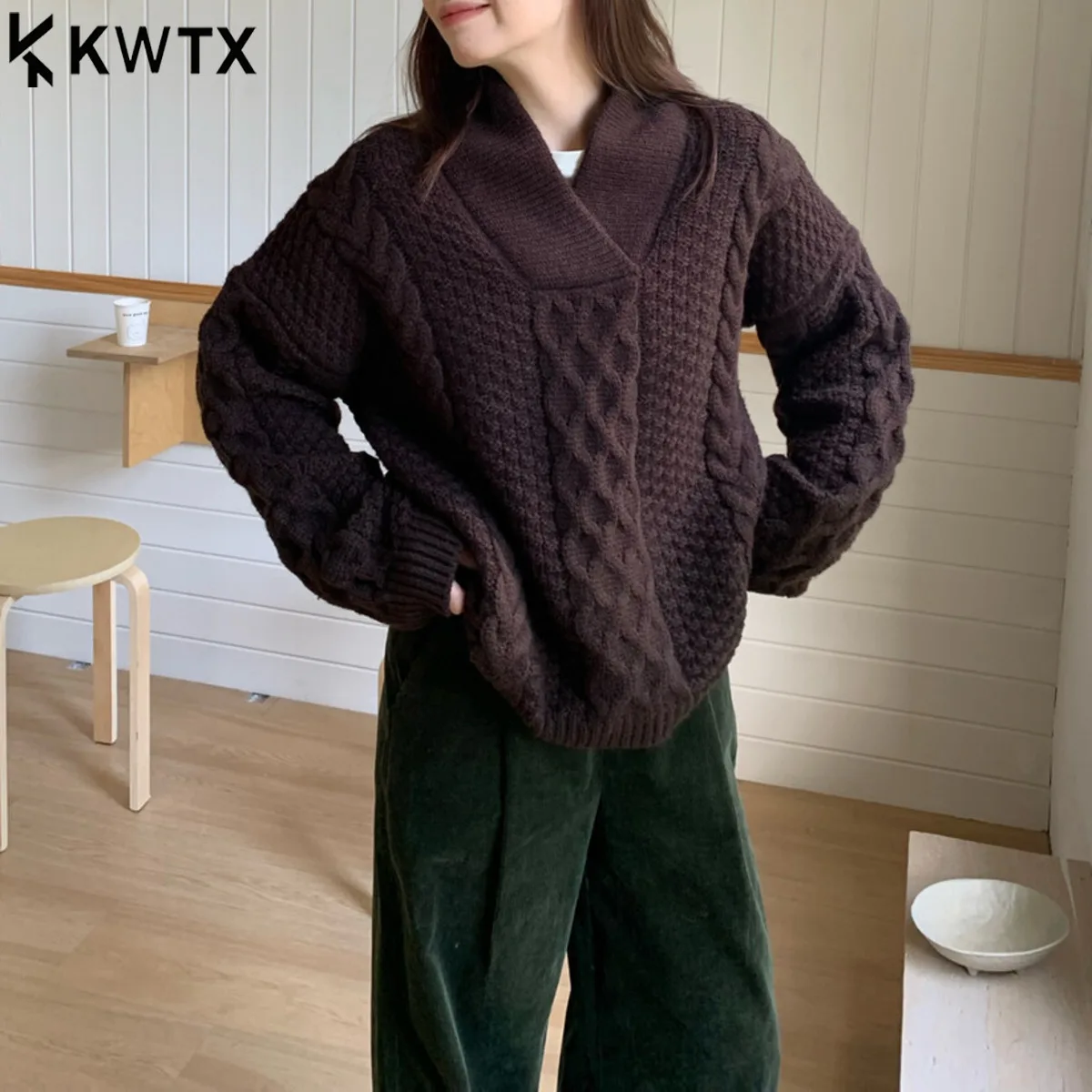 

KWTX Women's Cable Knit V-Neck Long Sleeve Pullover Sweater Autumn Winter New Arrival Solid Color Vintage Casual Co Cable Knit
