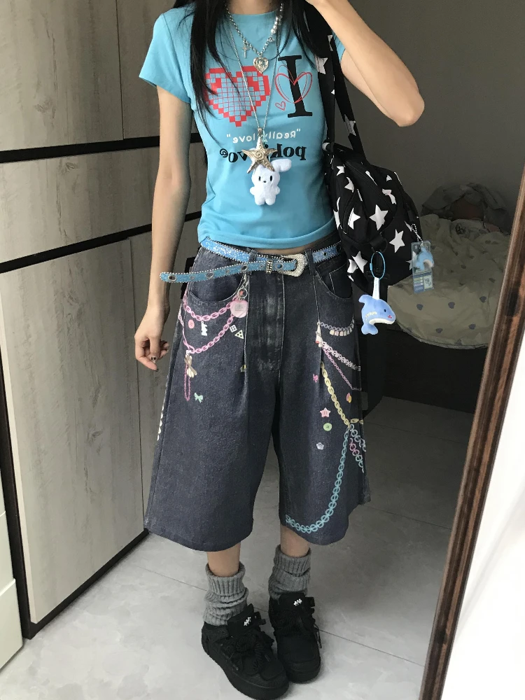 

American Retro Denim Mid-Length Shorts Men's Summer Print Straight Leg Wide Leg Loose Design Sensation Seven-Eighths...