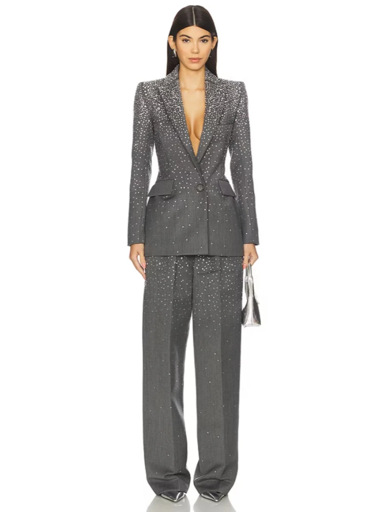 Women Diamonds Pants Two Piece Sets Sexy Long Sleeve Blazer With Rhinestones + Pants Suits Set Evening Party Runway