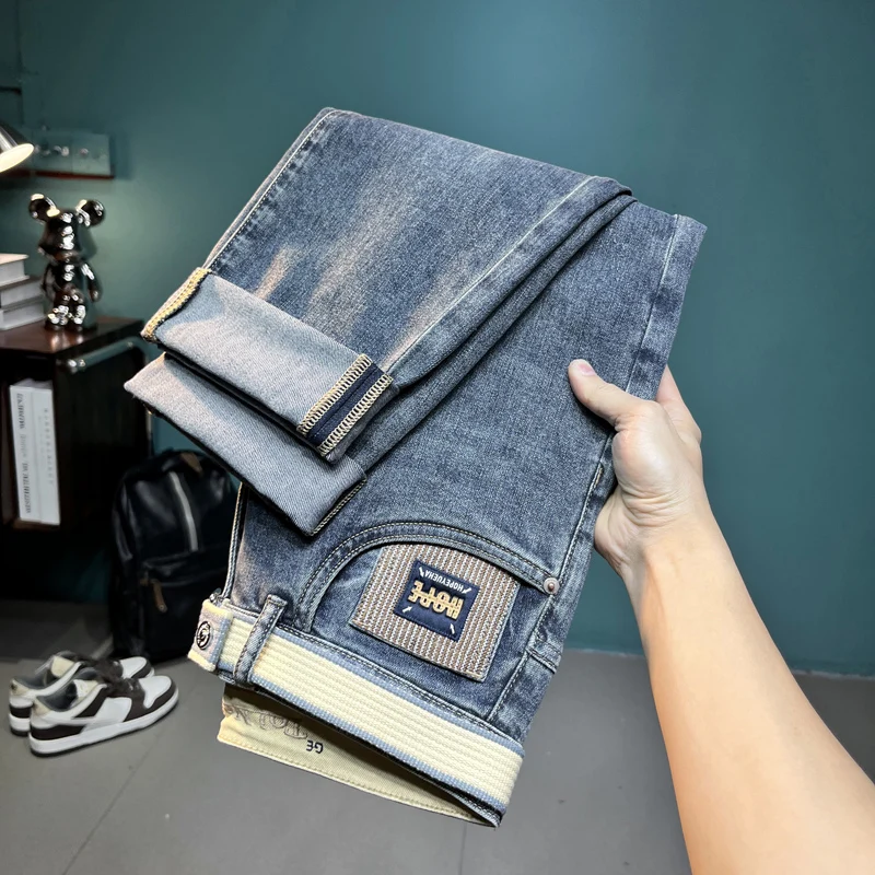 Fashion Embroidered Jeans Men's Street Versatile Trend Casual Matching Belt Spring and Summer Slim Fit Thin Pants