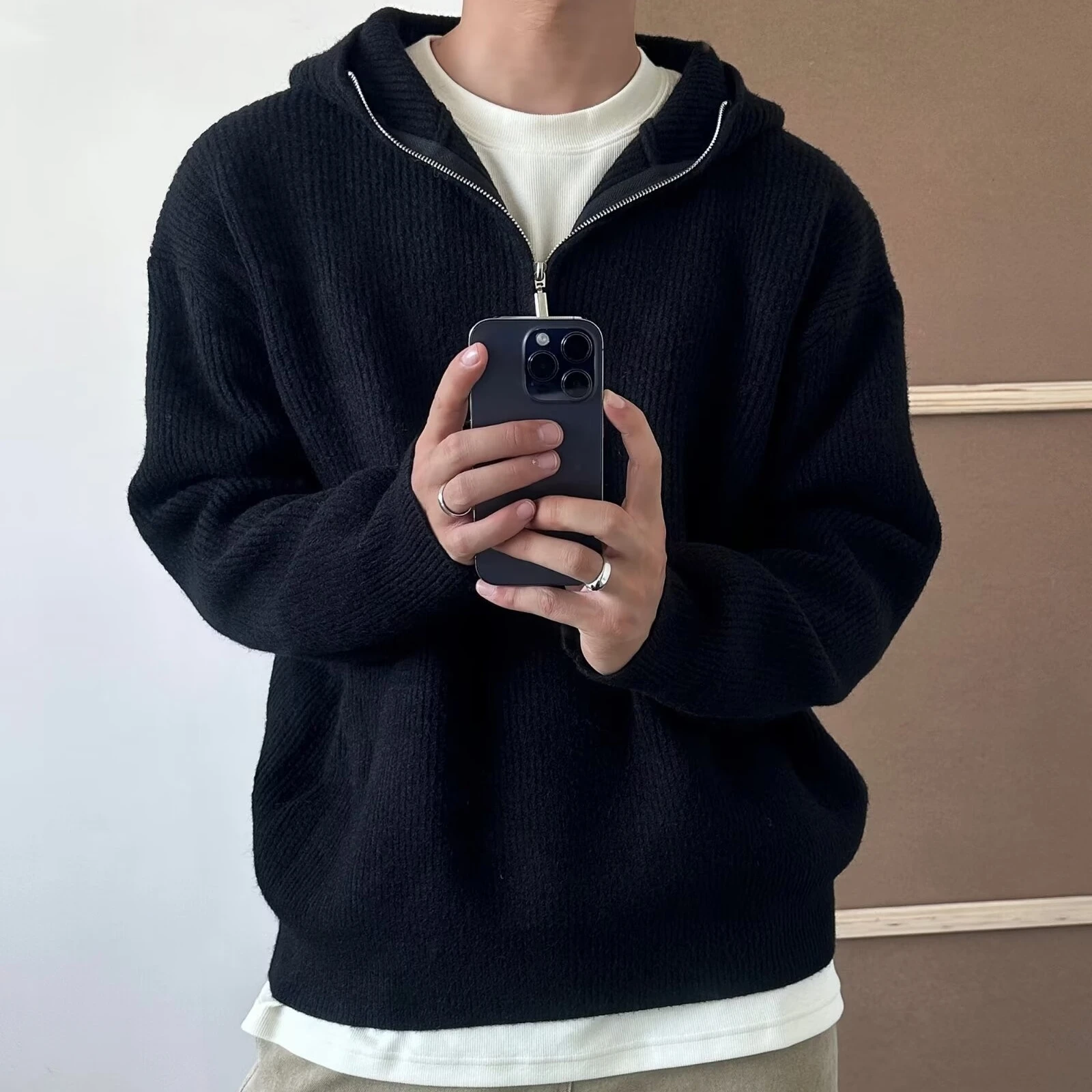 

Мужская теплая повседневная толстовка оверсайз в японском стиле из полиэстера с длинными рукавами, зимняя модная базовая однотонная кофта