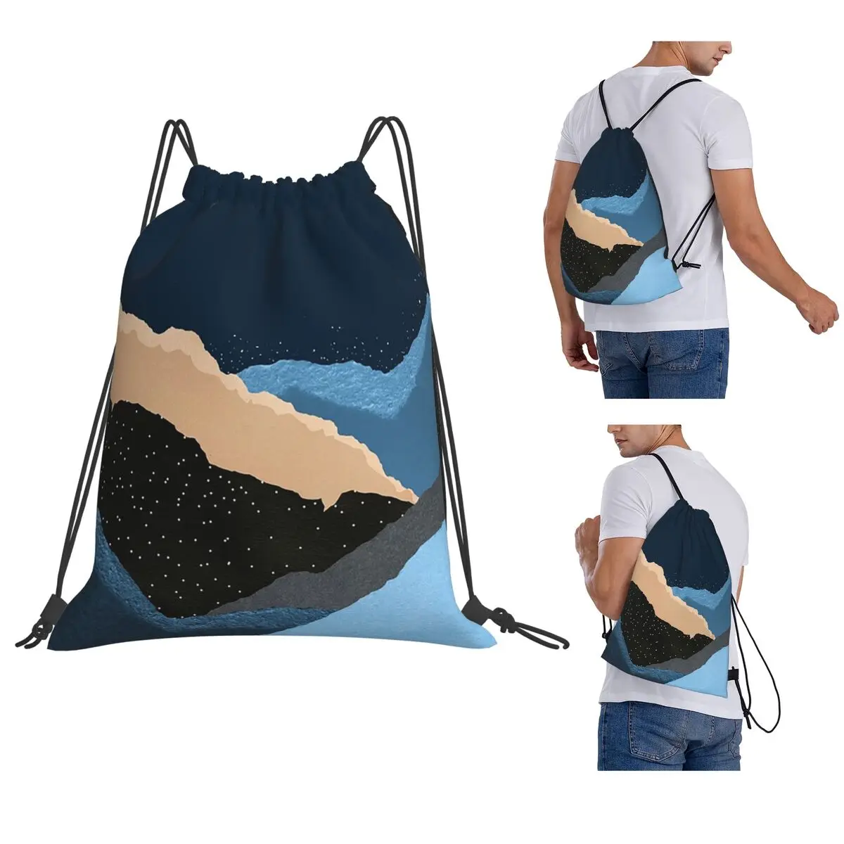 

Turquoise Blue Aqua And Black Mountain Backpacks Fashion Drawstring Bundle Pocket Shoes Bag Book Bags for Travel School