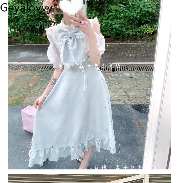 

Summer New Original Aqua Blue Gentle Off-Shoulder Short Sleeve Dress Sweet Cute Girls Bow High Waist Slimming Long Dresses