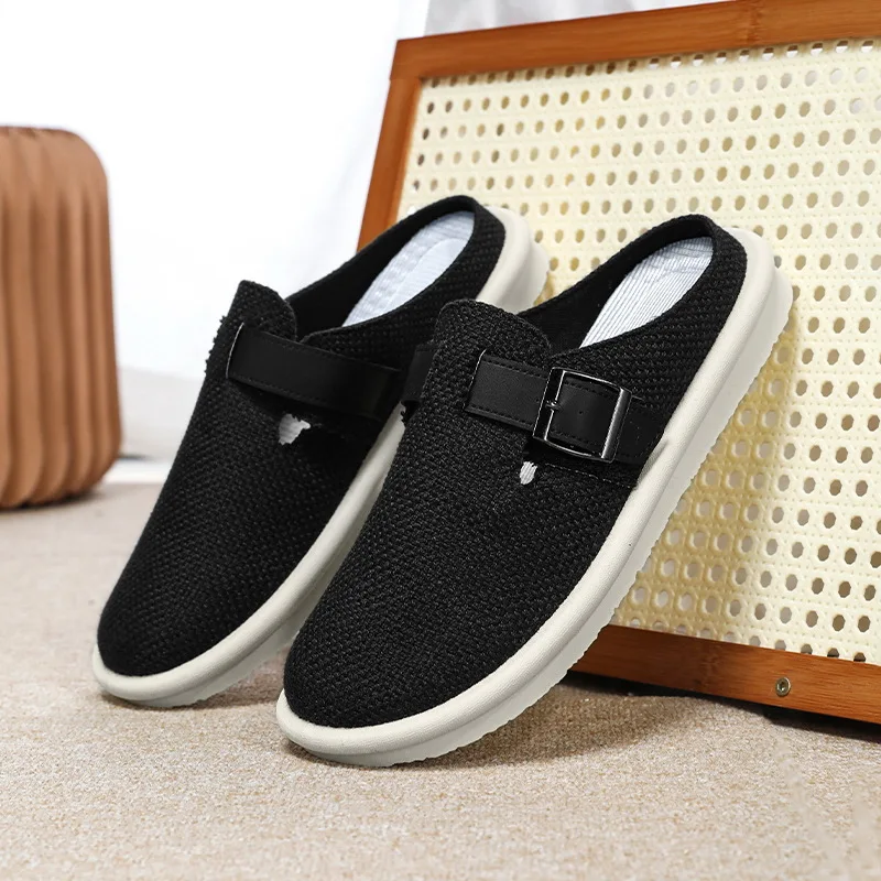 2025 الرجال الكتان المغطاة تو الشرائح الصيف تنفس داخلي شباشب لخارج المنزل حجم كبير الراحة مكتب تخفيف الأحذية غير رسمية #6