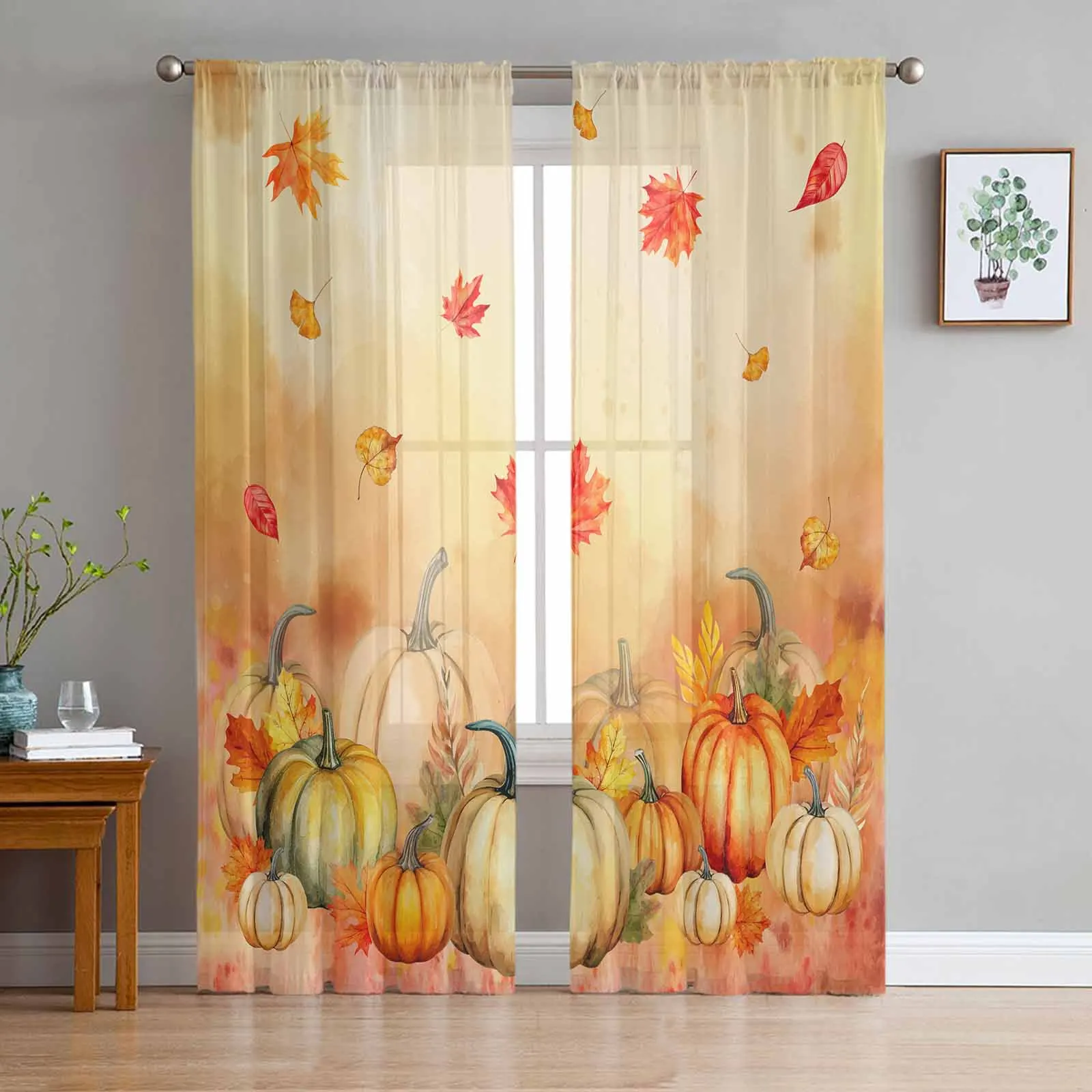 

Thanksgiving Plants Pumpkin Ginkgo Leaf Watercolor Sheer Curtain Living Room Drapes Home Voile Curtain Tulle Window Curtain