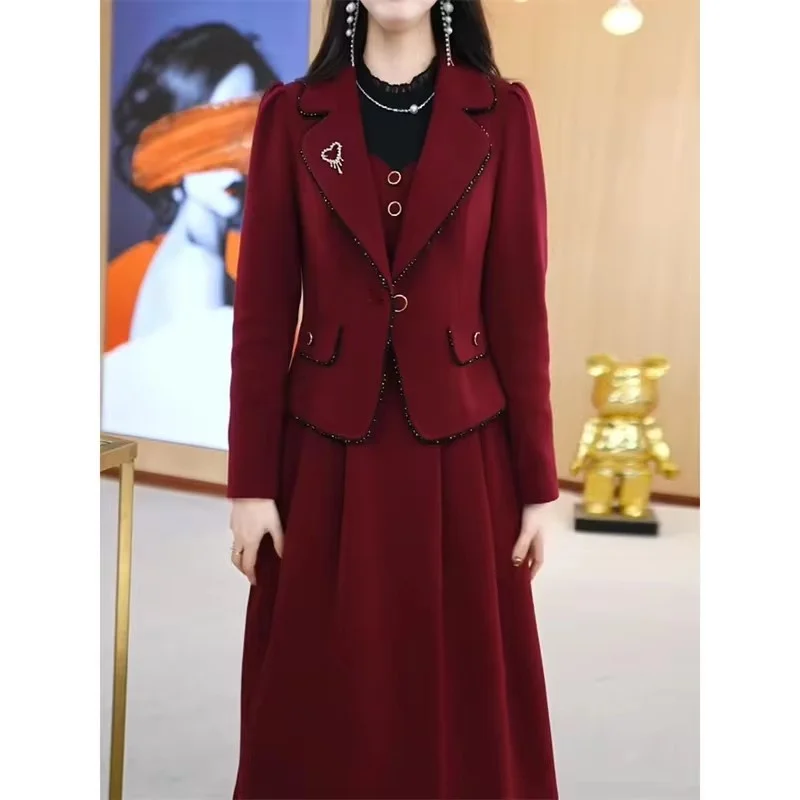 Korean High End Suit Jacket Dress Two-Piece Set Women 2024 Autumn Winter New Advanced Red Blazer Coat Long Dress Female Outfit