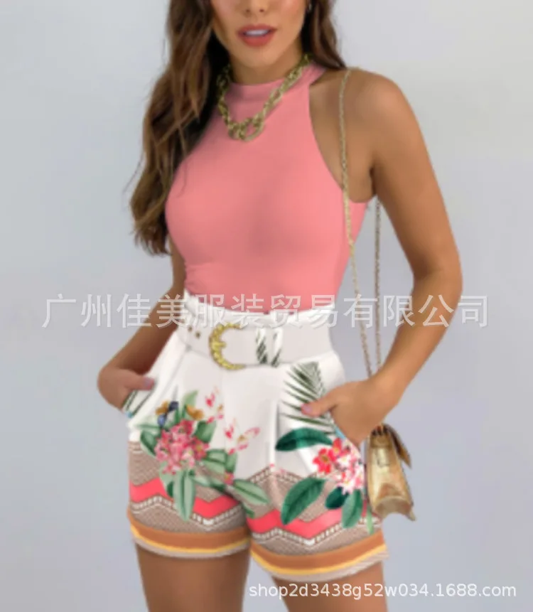 

2025 Spring/Summer Fashion Women's High Street Clothing Summer Contrast Color Printed Shorts Tank Set - Belt