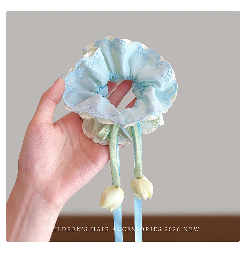 Neue bestickte Tulpen-Haarschleifen: Süße Prinzessinnen-Haargummis, schonend für das Haar, hohe Elastizität für Baby-Mädchen und Kleinkinder – Haar-Accessoires – Detail 10