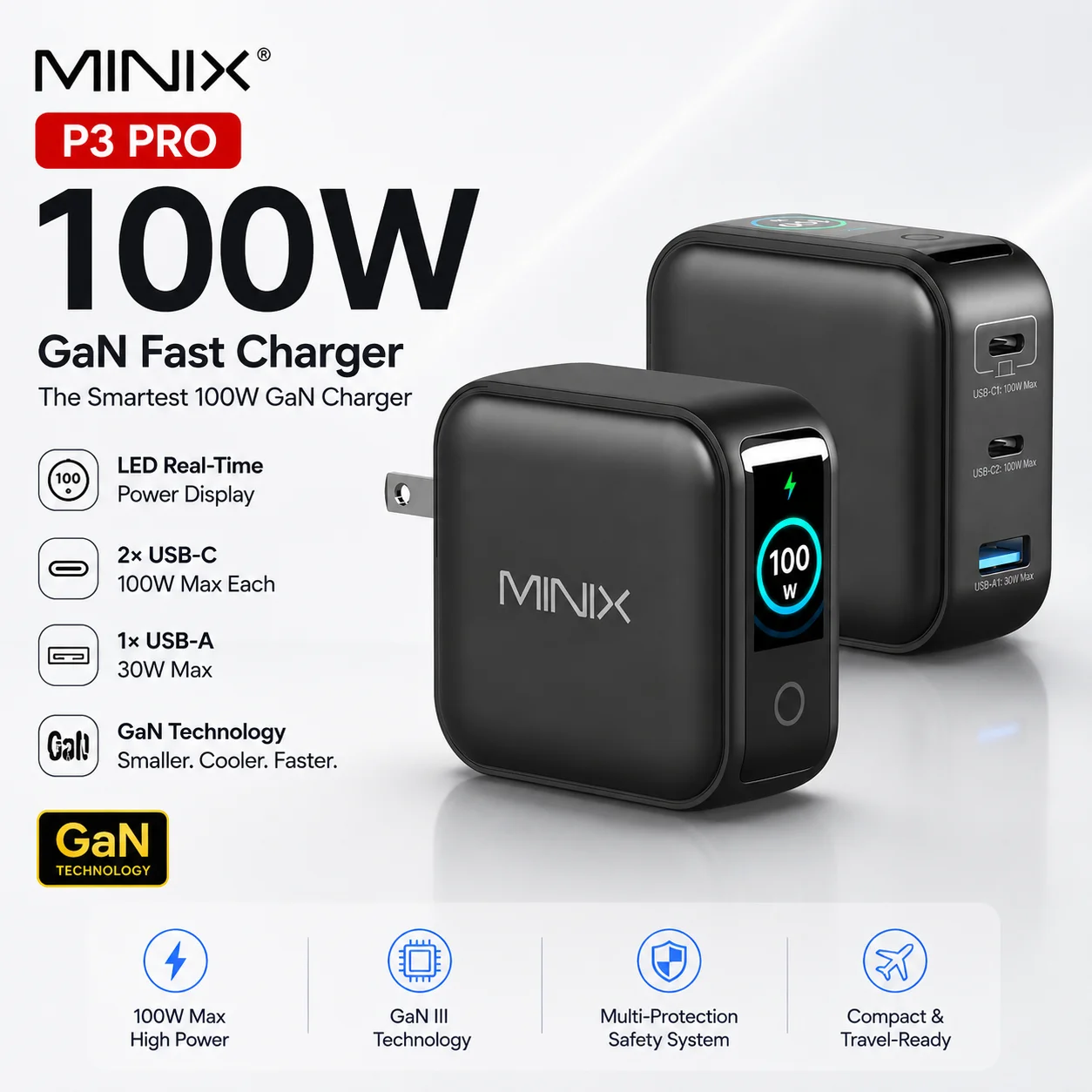 Cargador USB-C GaN MINIX P3 PRO de 100W con Pantalla Inteligente, Carga Rápida de 3 Puertos para MacBook, iPhone 17/16, Samsung, Laptop, PD3.0