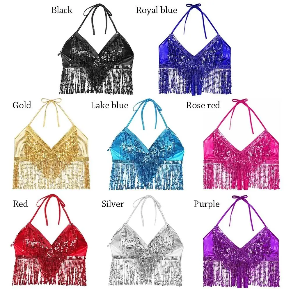 Women Belly Dance Sequin Tassel Fringe Top Nightclub Performance Halter Bra Dance Wear Stage Show Costumes