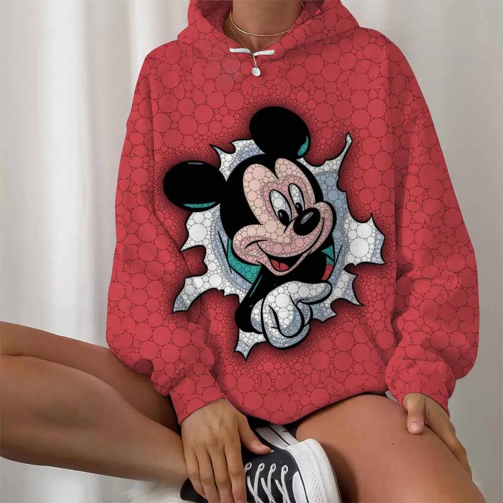 Disney-Moletom feminino com capuz Minnie Mickey Mouse estampado manga comprida, capuz feminino, tops Harajuku casuais, roupas de
