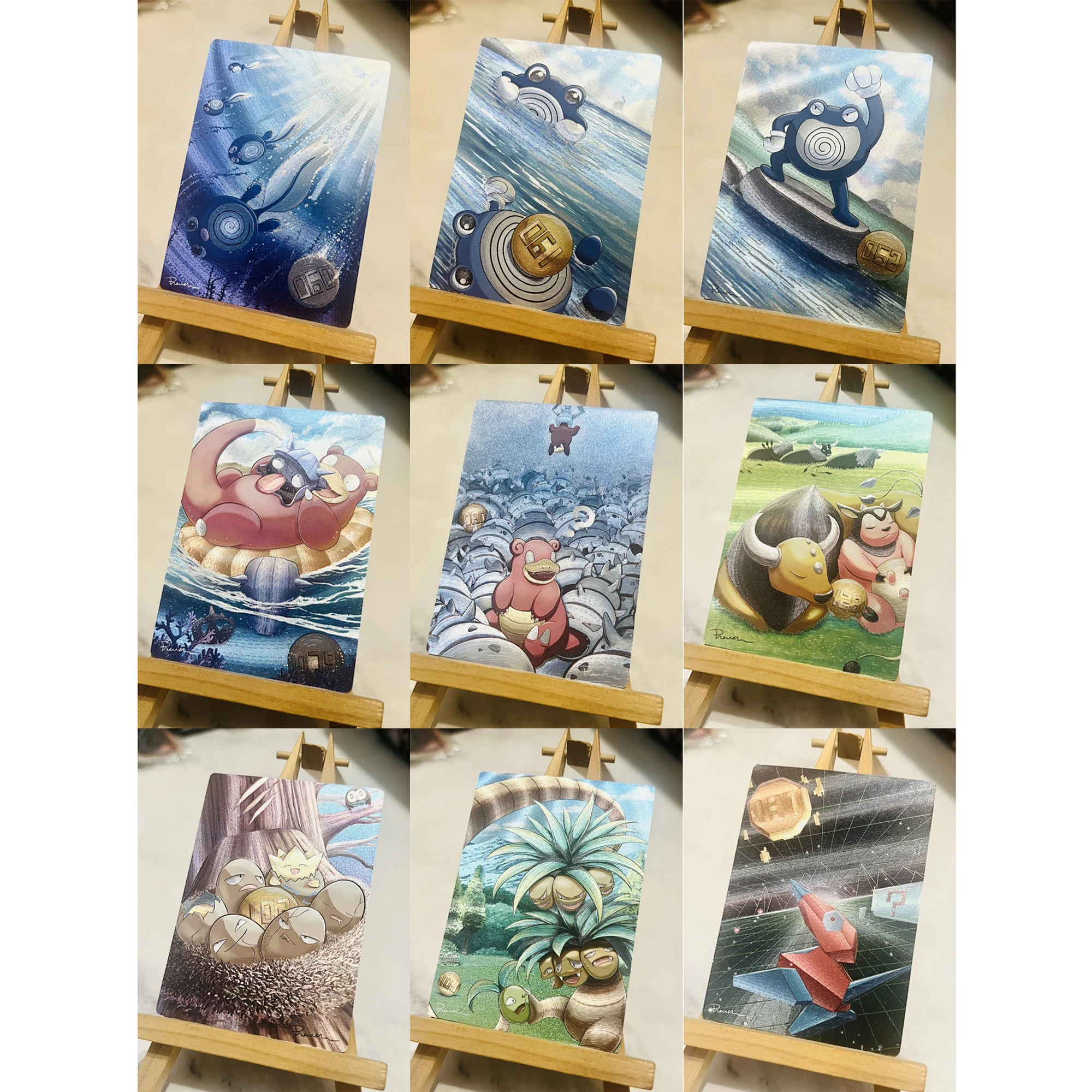 

Diy Self Made 9Pcs/set PTCG Poliwhirl Slowpoke Porygon Texture Flash Card Classic Game Anime Collection Cards Gift Toys