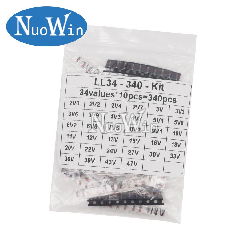 340pcs/Lot 1/2W LL34 SMD Zener Diode Assorted Kit 0.5W 2V-47V 34Values Each 10pcs DIY Sample Pack