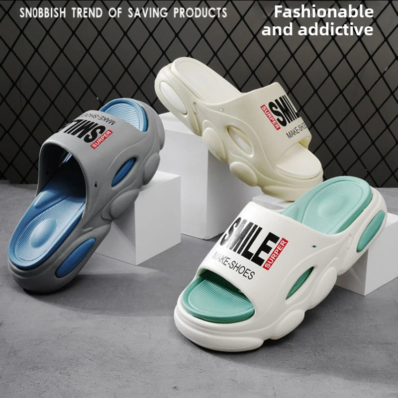 Men Thick Sole Summer Beach Slides Bathroom Anti Slip Slipper Soft Sandals Simplicity Ultra Light Letter Shoes Men Slippers