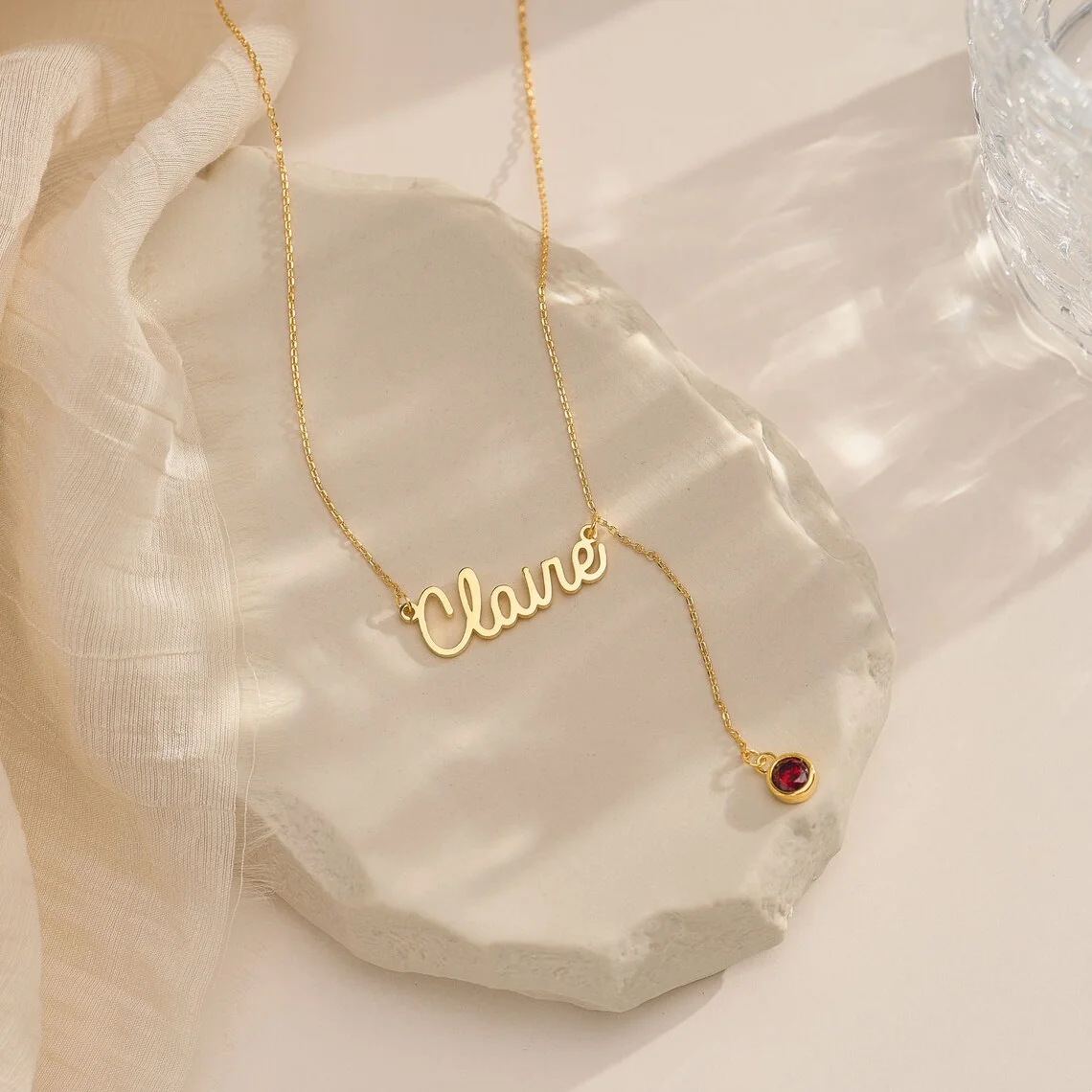 Custom Birthstone Lariat Name Necklace Gold Name Necklace Birthstone Necklace Personalised Jewelry Birthday Gift Christmas Gift