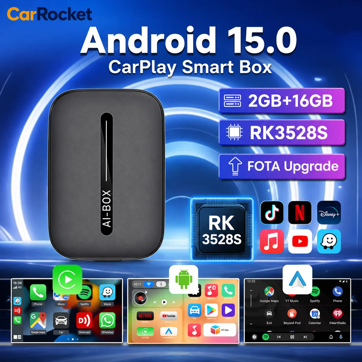 CarRocket Android 15 Wireless CarPlay Android Auto 4in1 CarPlay Ai Box 4Cores 2GB RAM+16GB ROM Plug and Play Stable Transmission