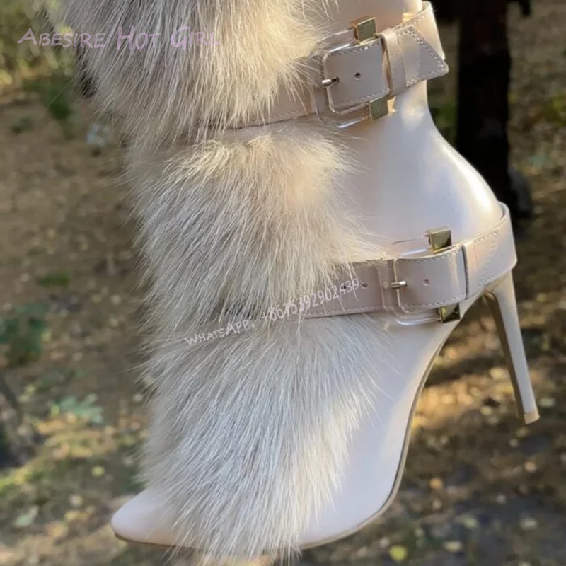 Brown Fur Pointed Toe White Leather Boots Women Striped Belt Buckle Cool Girl Calf Booties Tassel-Tie Cover Casual Zipper Shoes