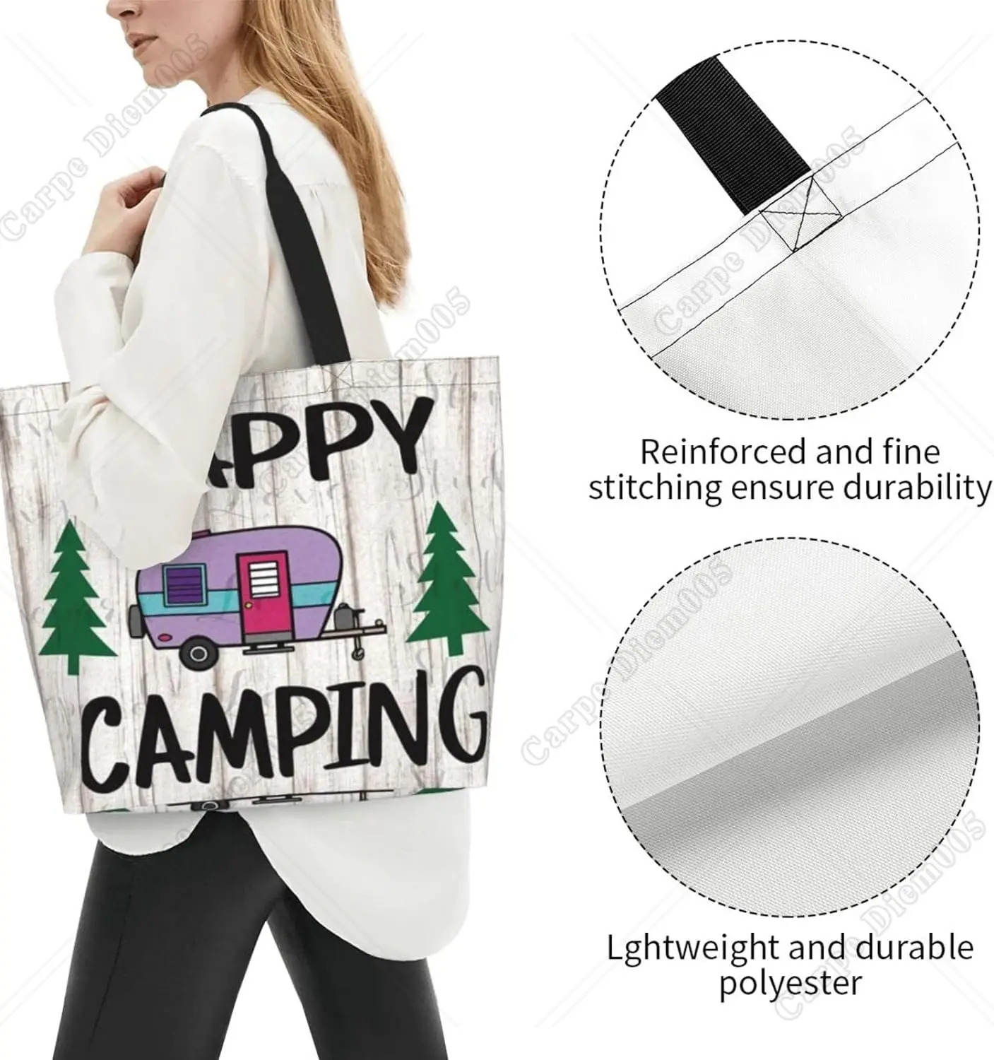 Happy Camper Women Shopping Shoulder Handbag Hiking Picnic Camper Tote Bag Reusable Shopping Bag Print Pattern One Size