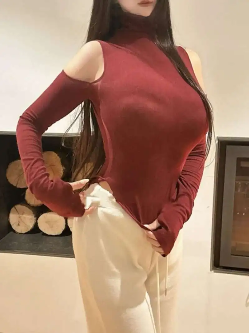 2024 가을/겨울 한국 버전 신상 하이넥 오프숄더 긴팔 티셔츠 여성 커브드 허리 슬림핏 솔리드 탑 C1H5