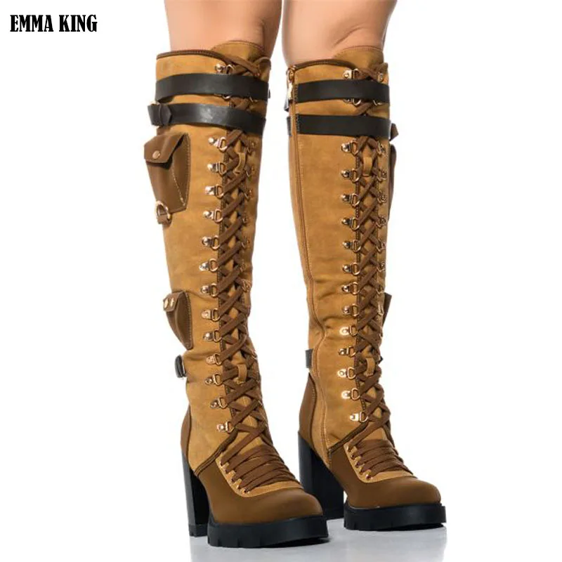 2024 Women Thigh High Over the Knee Boots Brown Cowboy Boots Side Zipper Western Pocket Boots 44