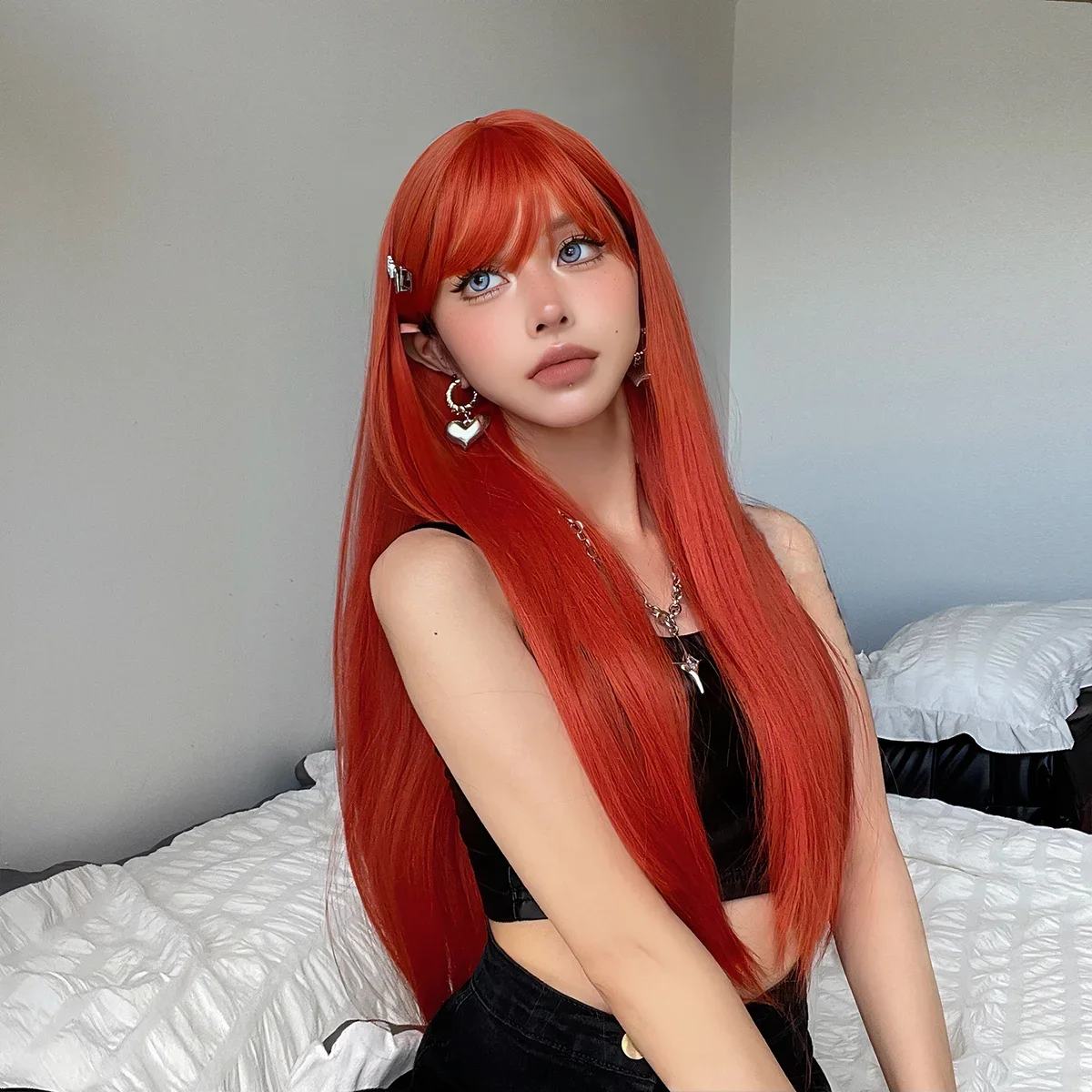 Peruca reta longa com franja para mulheres, perucas coloridas de cosplay, cabelo natural, resistente ao calor, laranja, vermelho, fantasia de festa