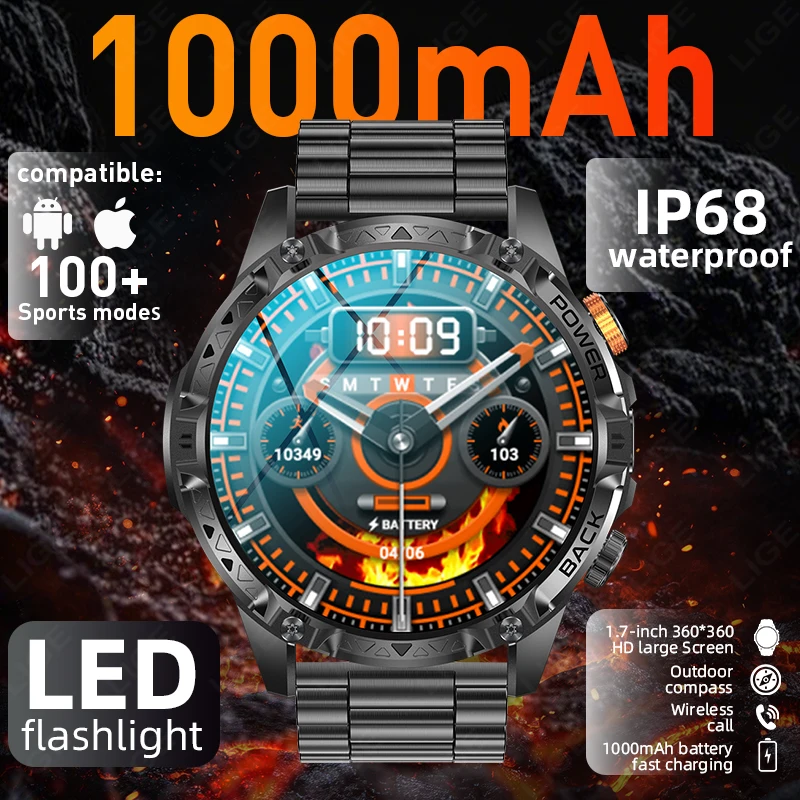 

LIGE Men's Outdoor Sports Smartwatch with GPS 1000mAh Battery HD 1.7-inch AMOLED Screen Compass 5ATM Waterproof Men Smart Watch