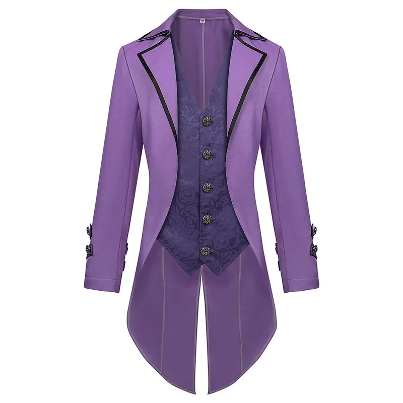 

Men Party Halloween Costume Coat Mens Purple Steampunk Gothic Jacket Long Sleeve Button Retro Victorian Tailcoat Tuxedo Uniform