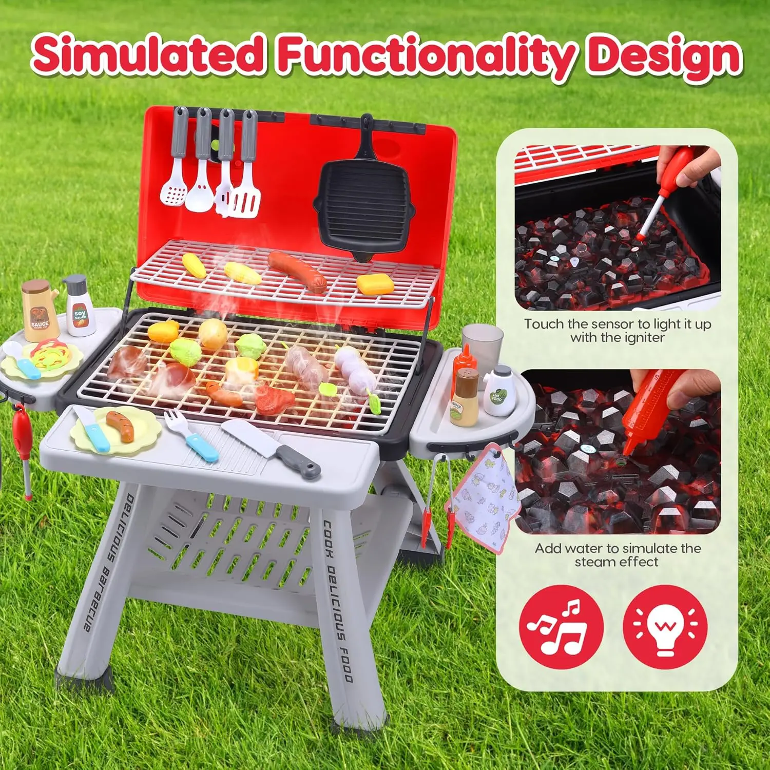 CUTE STONE Children's BBQ Grill Toy, Kitchen Playset, Realistic Smoke BBQ Grill Playset with Toy Kitchen Accessories.