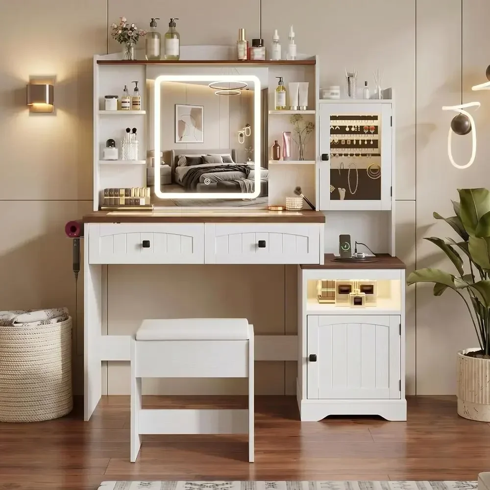 Illuminated Vanity Desk with Glass Top, Makeup Table Set, Power Outlet, Chair, Large Dressing Table with RGB Lights, Mirror Cabi