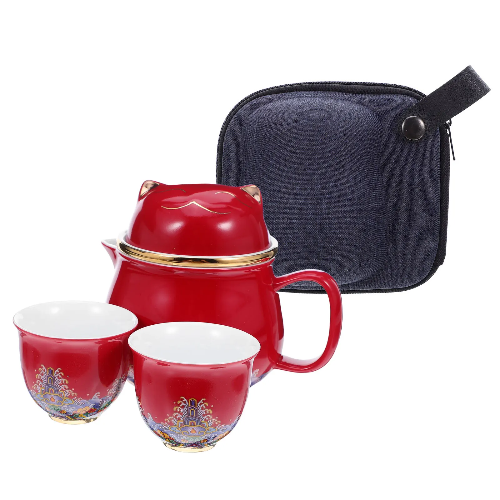 

1Set Portable Lucky Cat Ceramic Tea Set Includes Teapot Two Cups Compact Design for Office Kitten Tea Sets