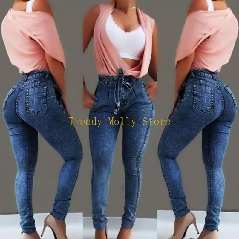 N5KB Mulheres borla Fringe Tassels High Stretch Skinny Jeans Bodycon Lápis Ponta crava faixas faixas