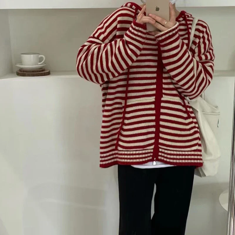 Autumn Winter Red Stripes Hooded Knit Cardigan Woman Korean Fashion Loose Casual Sweater Zipper Coat Oversized Long Sleeve Top