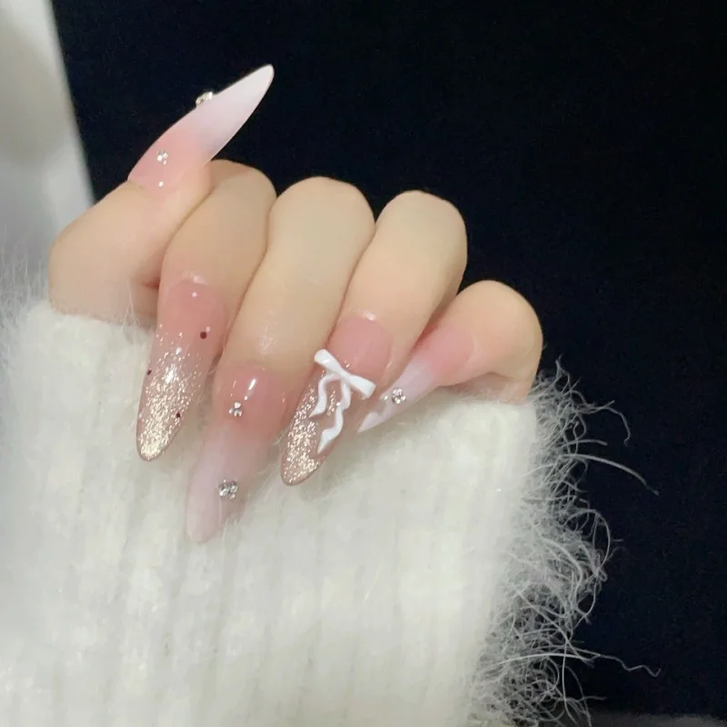 

10pcs Long Sparkling Fake Nails Handmade Press-On French Nail Art With Bow - Fake Nails Set For Quick And Easy Manicure Cosplay
