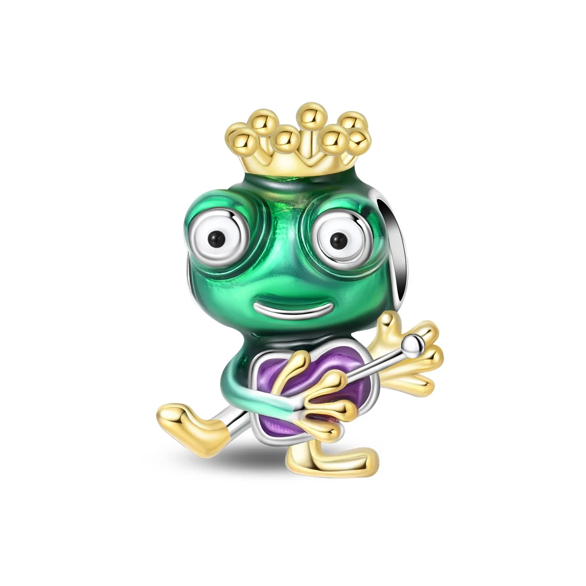 Silver Plated Cute Frog Prince Charm Bead, Green Enamel Guitar Frog King Bead Fits European Bracelet Nice Whimsical Jewelry Gift