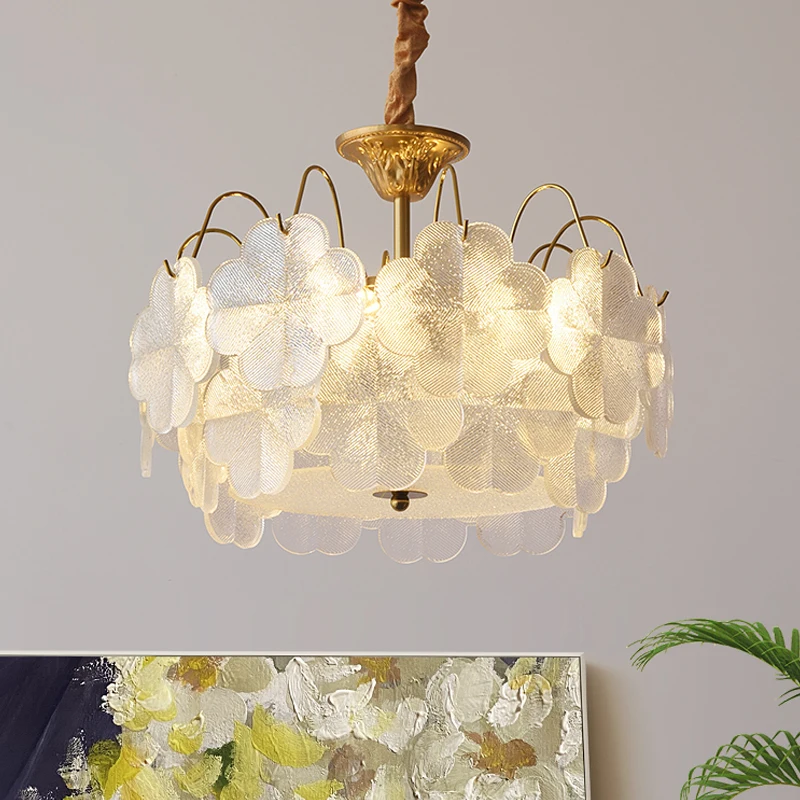Modern French Style Flower Lamp Glass Chandelier For Living Room Bedroom Dining Room Kitchen Gold Romantic Nordic Pendant Light